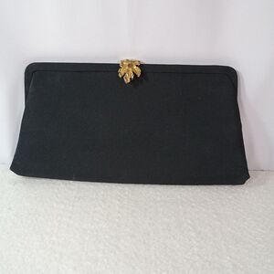 Vintage Julius Resnick -JR USA Black Grosgrain Clutch Purse Gold Leaf Clasp MCM